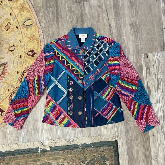 Vintage Sandy Starkman Crochet Sequin Patchwork Denim Jean Jacket - Picture 13 of 16